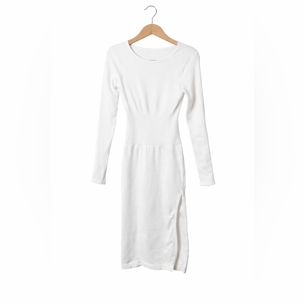 OQQ White Bodycon Midi Dress Small Long Sleeve Side Slit Stretch Minimalist